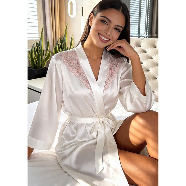 Donna Morgenmantel Eleganter Satin Kimono, Satin-Stretch, Schalkragen, Bindegürtel, mit floraler Spitze