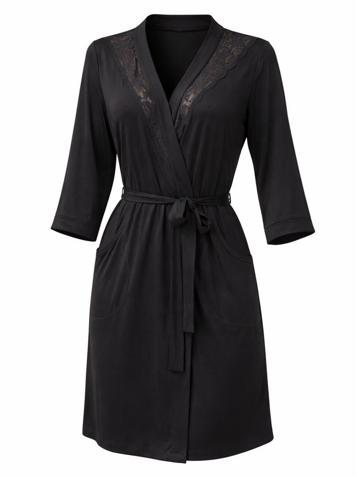 Donna Morgenmantel Kimono mit 3/4 Arm, Viskose-Elasthan, Schalkragen, Bindegürtel, mit Spitzenapplikation, edle Viskose-Qualität – Bild 2 von 5