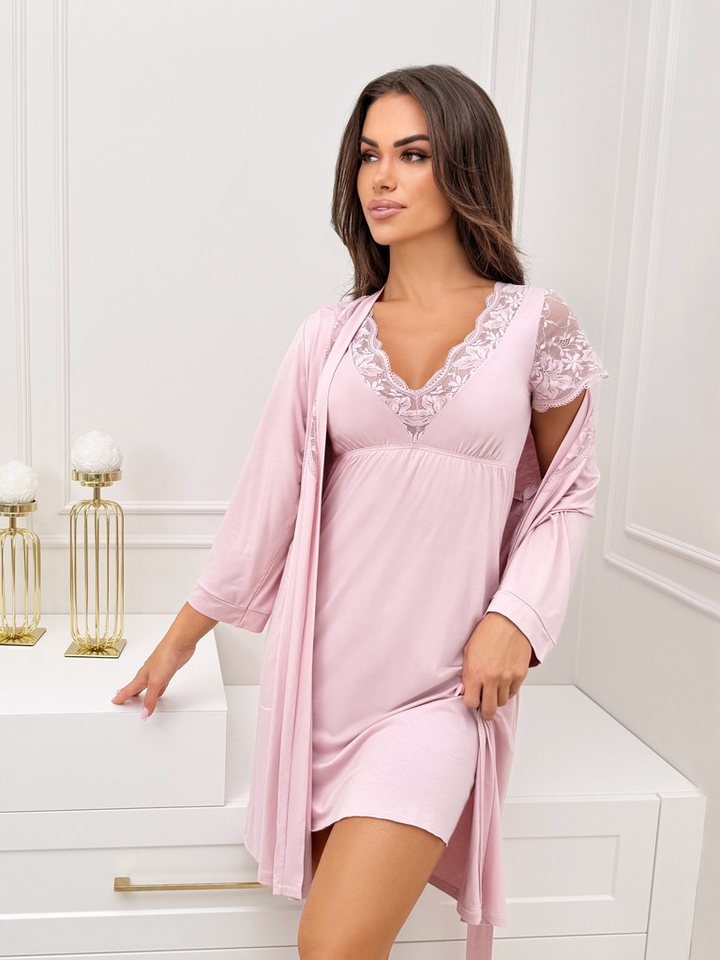 Donna Morgenmantel Kimono mit 3/4 Arm, Viskose-Elasthan, Schalkragen, Bindegürtel, mit Spitzenapplikation, edle Viskose-Qualität – Bild 4 von 5