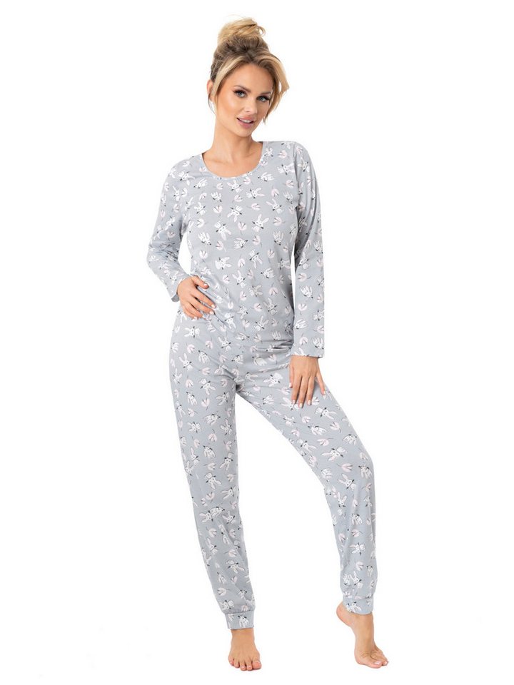Donna Pyjama Langarm Schlafanzug mit Bündchen mit Häschen-Motivdruck – Bild 3 von 5