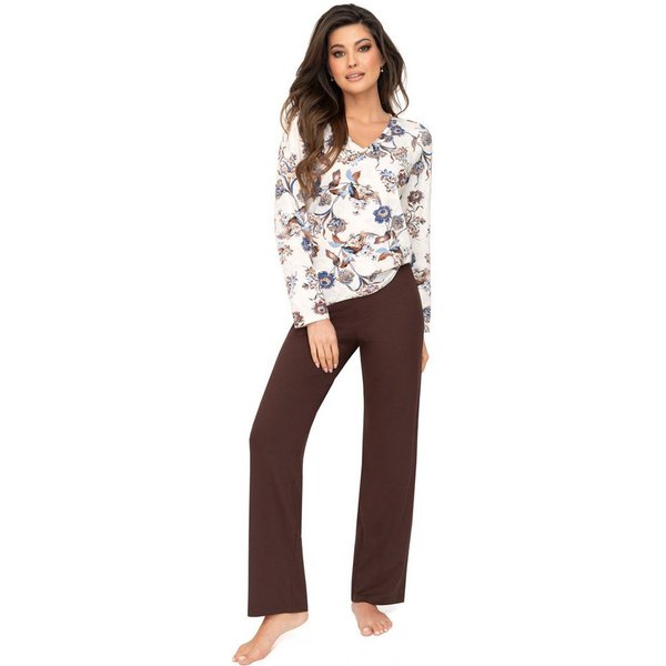 Donna Pyjama Schlafanzug mit floralem Druck & passender Basic-Schlafhose in braun weicher Viskose-Mix, Made in EU