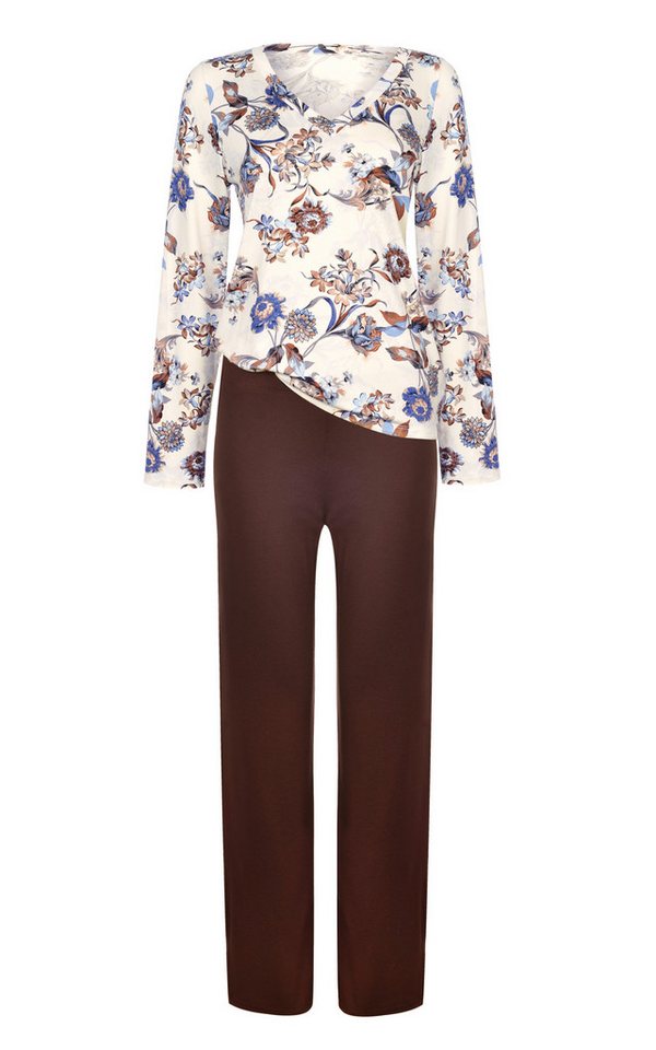 Donna Pyjama Schlafanzug mit floralem Druck & passender Basic-Schlafhose in braun weicher Viskose-Mix, Made in EU – Bild 2 von 5
