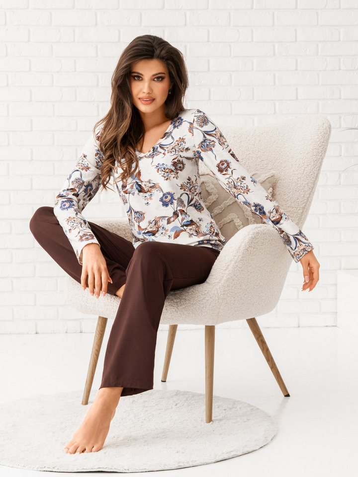 Donna Pyjama Schlafanzug mit floralem Druck & passender Basic-Schlafhose in braun weicher Viskose-Mix, Made in EU – Bild 3 von 5
