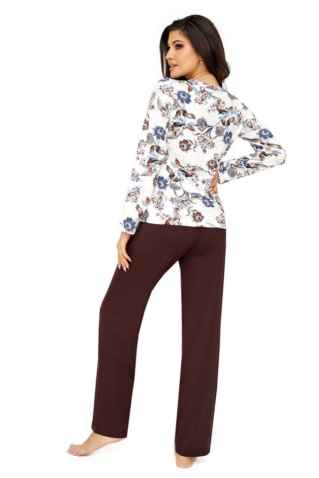 Donna Pyjama Schlafanzug mit floralem Druck & passender Basic-Schlafhose in braun weicher Viskose-Mix, Made in EU – Bild 5 von 5