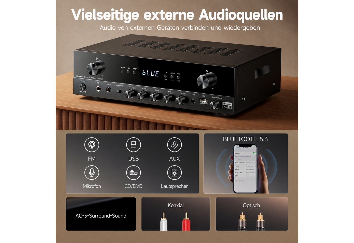 Donner Audioverstärker 2/4/6 Kanal Audio-Leistungsverstärker Stereoempfänger Verstärker (Anzahl Kanäle: 4, 440,00 W, 4 Kanäle, 2 Mikrofoneingänge, Bass, Höhen) – Bild 3 von 5