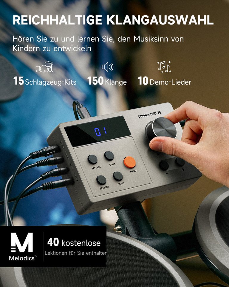 Donner E-Drum E-Schlagzeug 450 Sounds mit Thron Pedale Kopfhörer Unterricht DED-200,Set, Trommelhocker/Drumsticks/Kopfhörer/Audiokabel, 5 Trommeln und 4 Becken – Bild 2 von 5