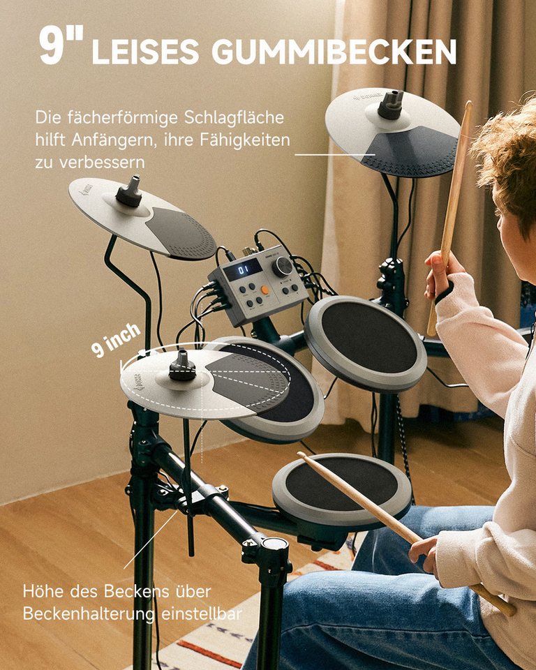 Donner E-Drum E-Schlagzeug 450 Sounds mit Thron Pedale Kopfhörer Unterricht DED-200,Set, Trommelhocker/Drumsticks/Kopfhörer/Audiokabel, 5 Trommeln und 4 Becken – Bild 5 von 5