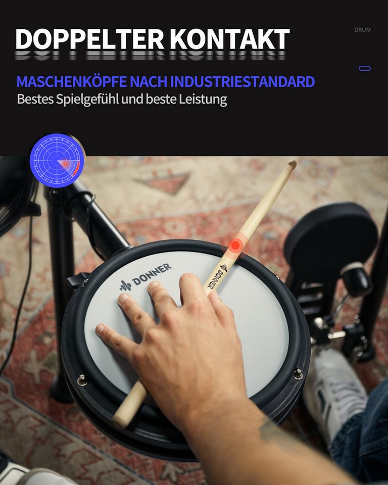 Donner E-Drum E-Schlagzeug 450 Sounds mit Thron Pedale Kopfhörer Unterricht DED-200,Set, Trommelhocker/Drumsticks/Kopfhörer/Audiokabel, 5 Trommeln und 4 Becken – Bild 2 von 5
