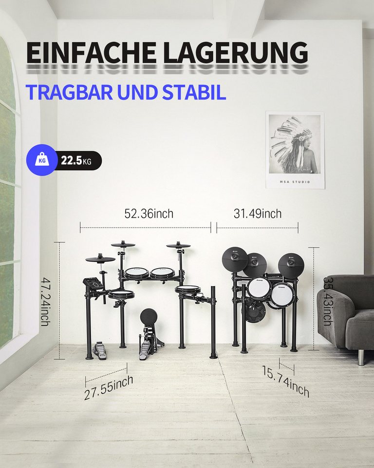 Donner E-Drum E-Schlagzeug 450 Sounds mit Thron Pedale Kopfhörer Unterricht DED-200,Set, Trommelhocker/Drumsticks/Kopfhörer/Audiokabel, 5 Trommeln und 4 Becken – Bild 4 von 5