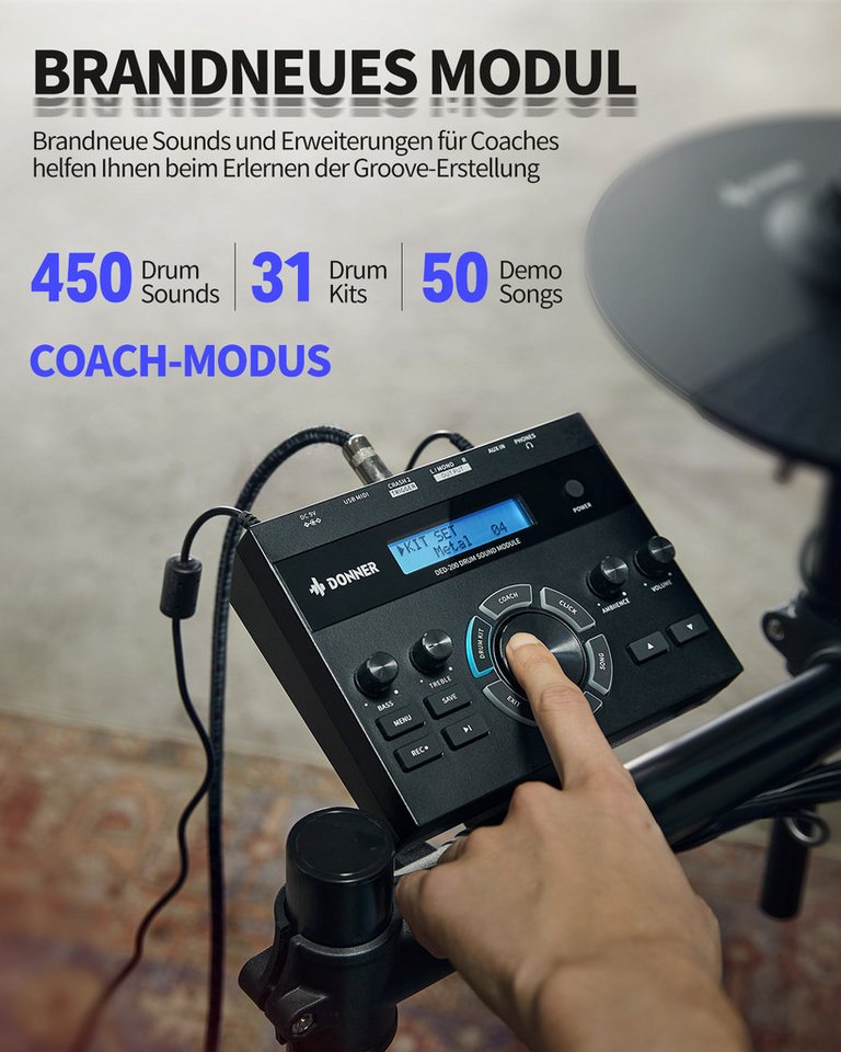Donner E-Drum E-Schlagzeug 450 Sounds mit Thron Pedale Kopfhörer Unterricht DED-200,Set, Trommelhocker/Drumsticks/Kopfhörer/Audiokabel, 5 Trommeln und 4 Becken – Bild 5 von 5
