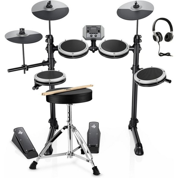 Donner E-Drum E-Schlagzeug 450 Sounds mit Thron Pedale Kopfhörer Unterricht DED-200,Set, Trommelhocker/Drumsticks/Kopfhörer/Audiokabel, 5 Trommeln und 4 Becken