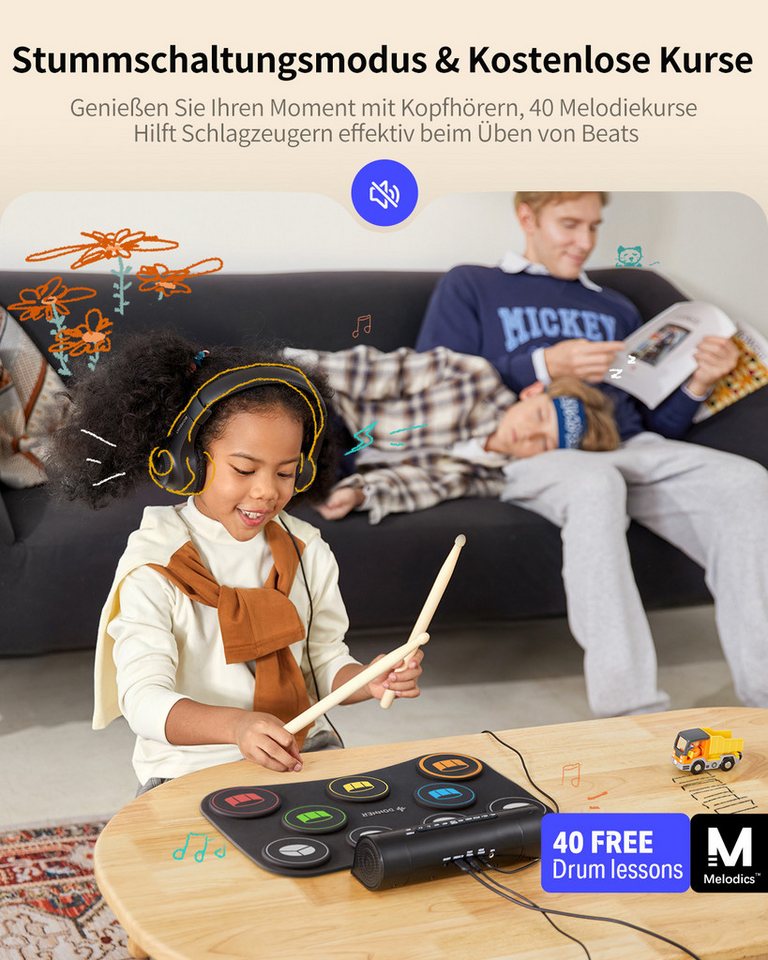 Donner E-Drum Elektrisches Drumpad Elektronisches Drumset mit 9 Pads DED-20(SE),Set, Netzteil USB-Datenkabel 3,5-mm-Audiosticks 2 Pedale, Eingebauter Lautsprech – Bild 2 von 5
