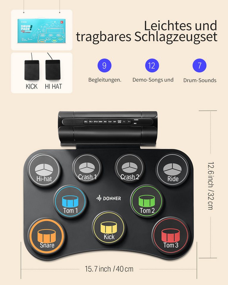 Donner E-Drum Elektrisches Drumpad Elektronisches Drumset mit 9 Pads DED-20(SE),Set, Netzteil USB-Datenkabel 3,5-mm-Audiosticks 2 Pedale, Eingebauter Lautsprech – Bild 4 von 5