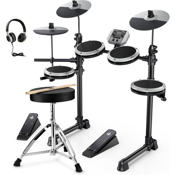 Donner E-Drum Elektronisches Schlagzeug mit 4 leisen Mesh-Pads DED-80,Ein komplettes E-Drum-Set, Kopfhörer/Sticks/Drumthron, 2 Pedale für leises Üben für Anfäng