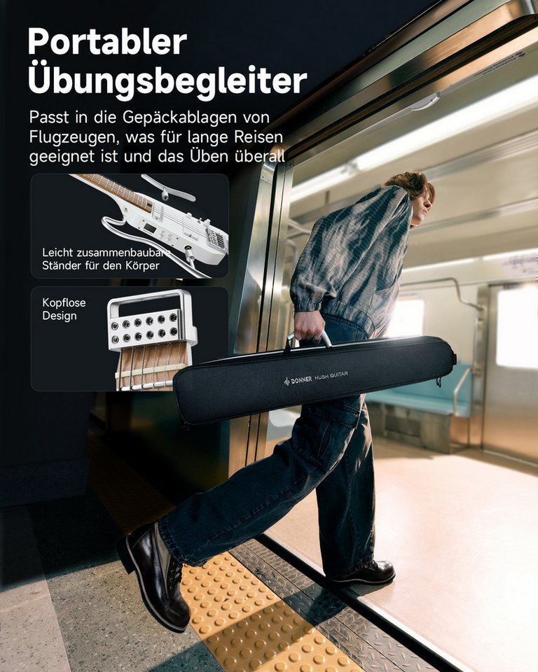 Donner E-Gitarre HUSH-X PRO Silent Guitar mit Effekten & Tone Sim H-S Pickups Bluetooth, Kopflose Reisegitarre, Kabel, Gigbag, Gurt, Stimmgerät, kabelgebundene  – Bild 2 von 5