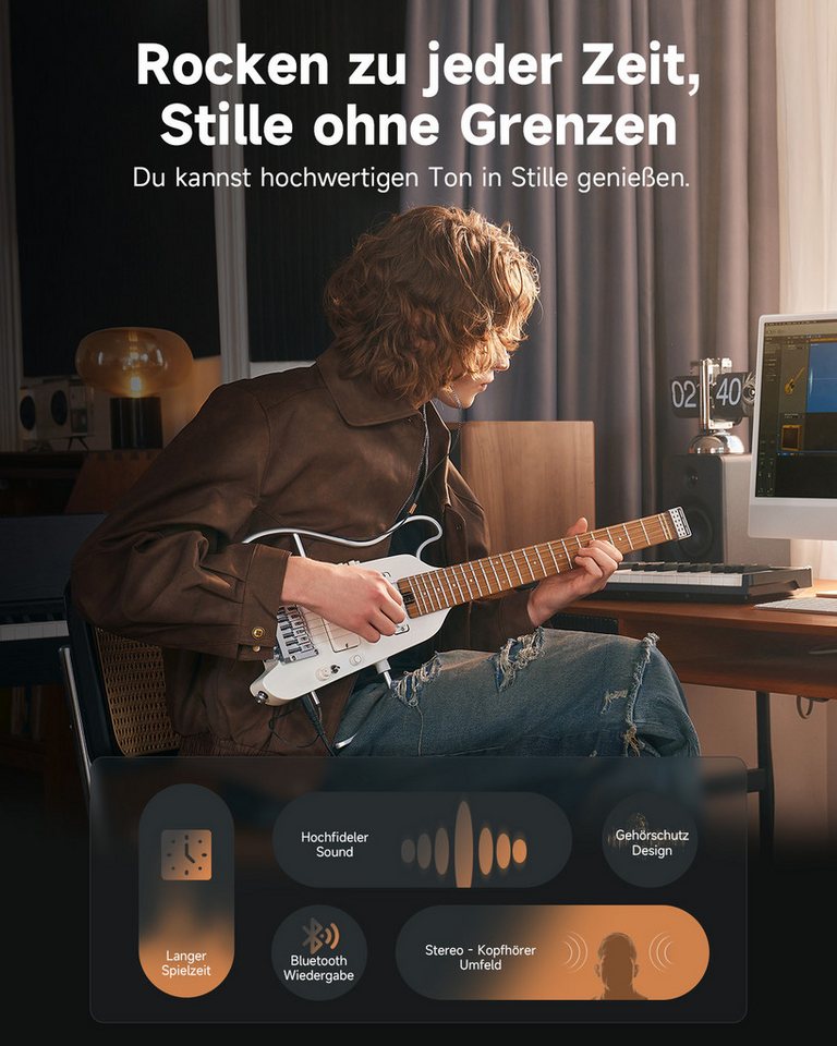 Donner E-Gitarre HUSH-X PRO Silent Guitar mit Effekten & Tone Sim H-S Pickups Bluetooth, Kopflose Reisegitarre, Kabel, Gigbag, Gurt, Stimmgerät, kabelgebundene  – Bild 4 von 5