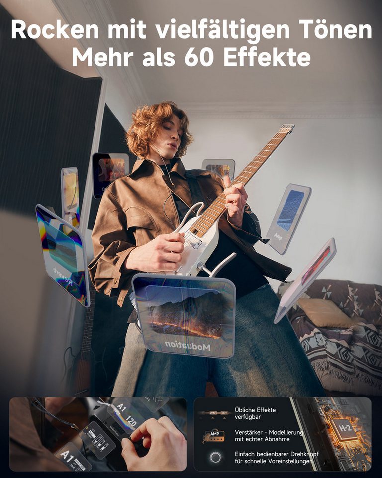 Donner E-Gitarre HUSH-X PRO Silent Guitar mit Effekten & Tone Sim H-S Pickups Bluetooth, Kopflose Reisegitarre, Kabel, Gigbag, Gurt, Stimmgerät, kabelgebundene  – Bild 5 von 5