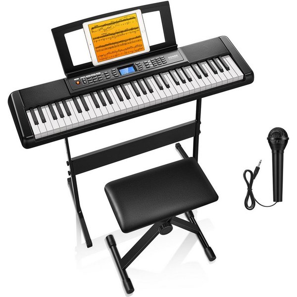 Donner Entertainer-Keyboard DEK-200 Keyboard, 61 Tasten, 300 Rhythmen mit Ständer & Mikrofon (Adapter, Mikrofon, Notenständer, Klavierbank, Klavierständer), Nac