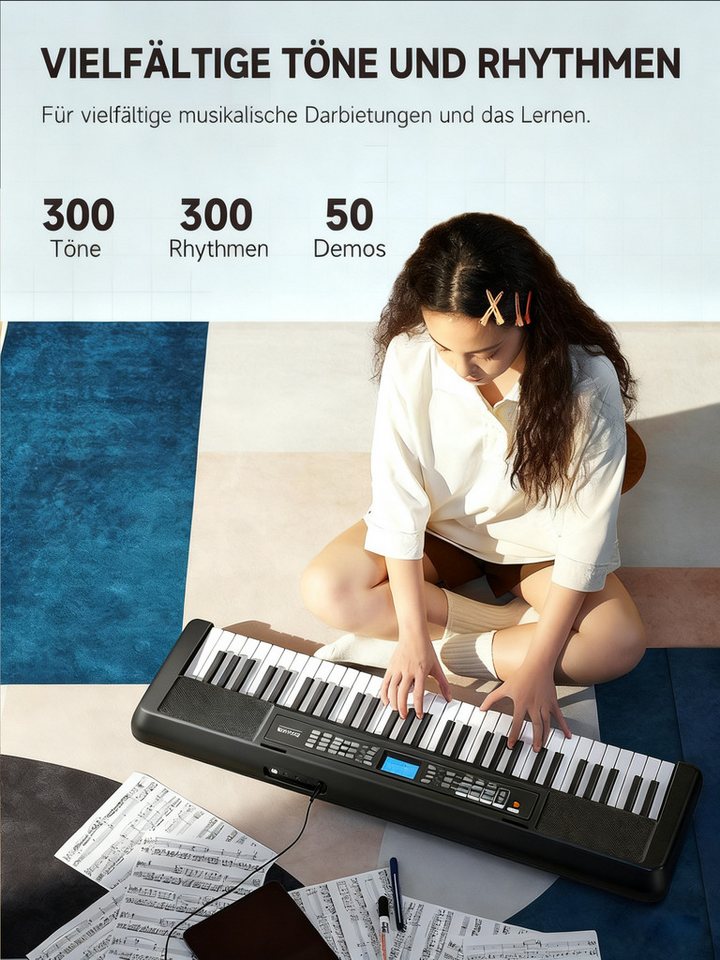Donner Entertainer-Keyboard DEK-200 Keyboard, 61 Tasten, 300 Rhythmen mit Ständer & Mikrofon (Adapter, Mikrofon, Notenständer, Klavierbank, Klavierständer), Nac – Bild 2 von 5