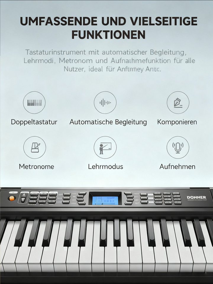 Donner Entertainer-Keyboard DEK-200 Keyboard, 61 Tasten, 300 Rhythmen mit Ständer & Mikrofon (Adapter, Mikrofon, Notenständer, Klavierbank, Klavierständer), Nac – Bild 3 von 5