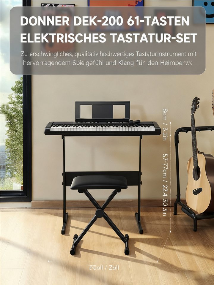 Donner Entertainer-Keyboard DEK-200 Keyboard, 61 Tasten, 300 Rhythmen mit Ständer & Mikrofon (Adapter, Mikrofon, Notenständer, Klavierbank, Klavierständer), Nac – Bild 5 von 5