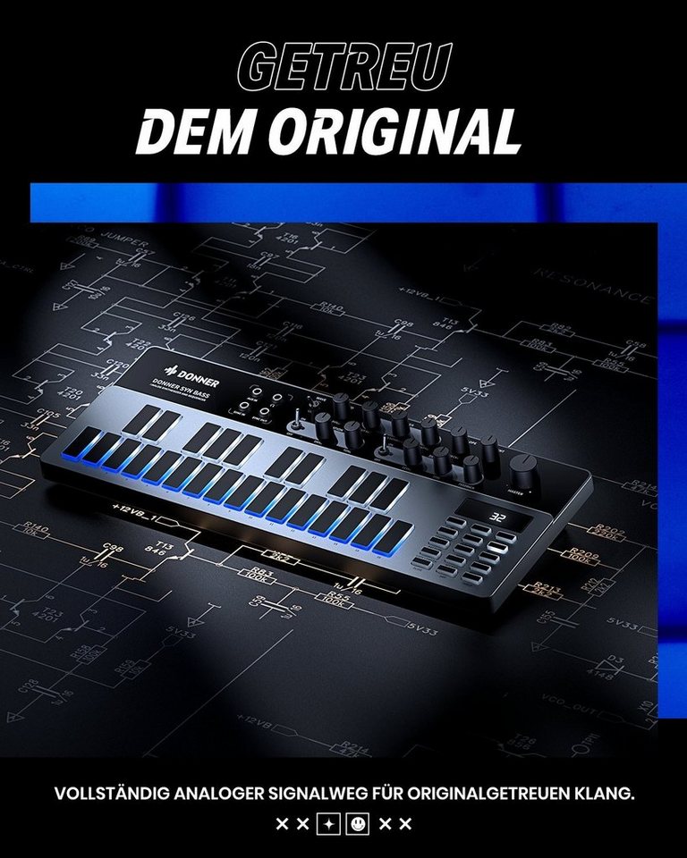 Donner Synthesizer Analoger Bass-Synthesizer und Sequenzer Essential B1, intuitiver Benutzeroberfläche,128 Musterspeicher – Bild 2 von 5