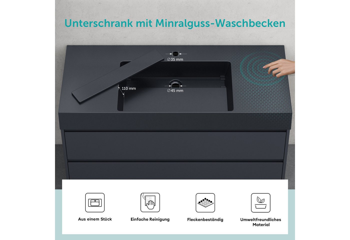 doporro Badmöbel-Set Waschtisch mit Unterschrank 20cm ein Armaturloch zwei Schubladen Deep, mit Soft-Close Funktion, Holzbeschichtung – Bild 4 von 5