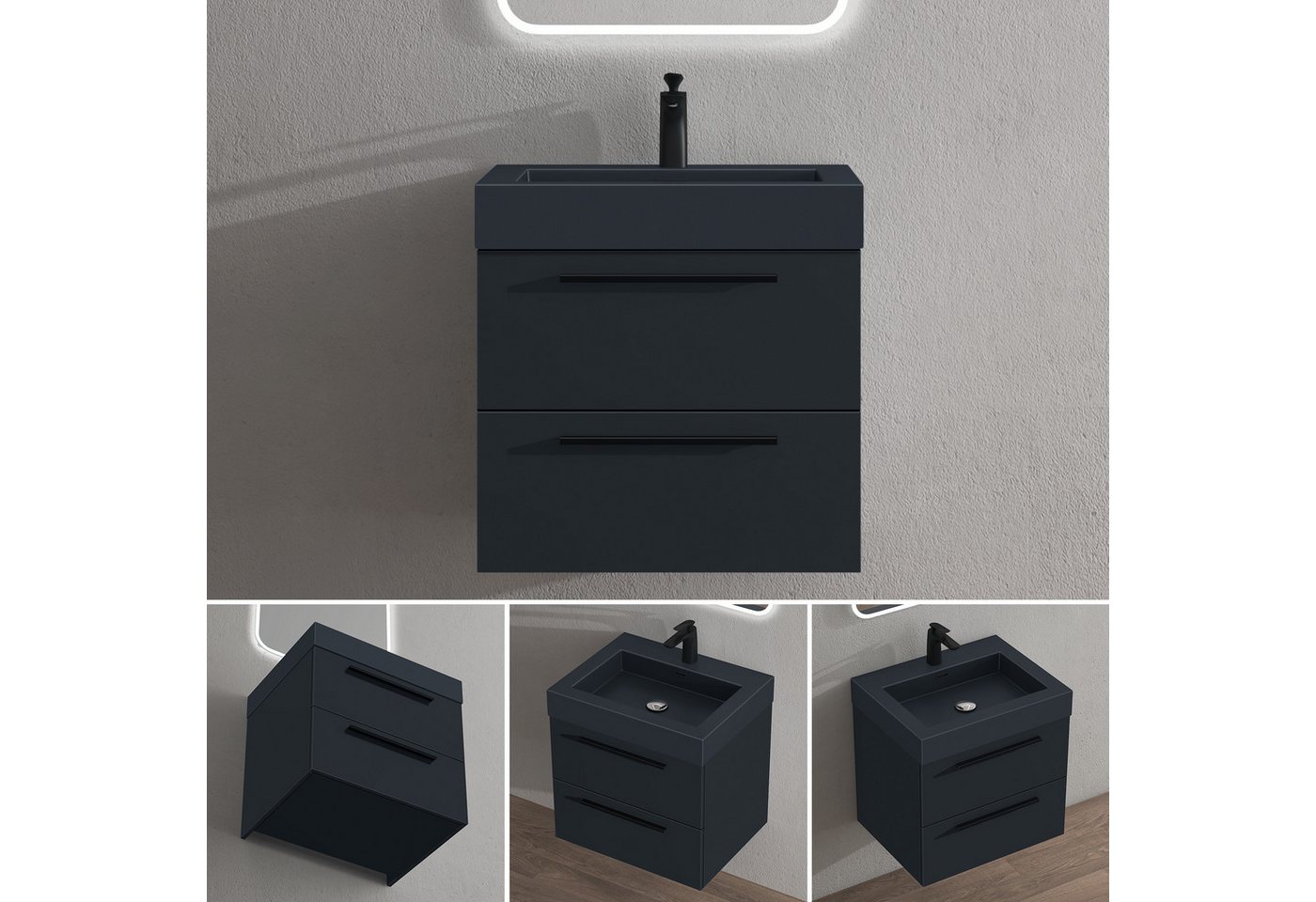 doporro Badmöbel-Set Waschtisch mit Unterschrank Soft-Close mit 2 Schubladen Quadratto, Holzbeschichtung, Mineralguss-Waschbecken – Bild 3 von 5