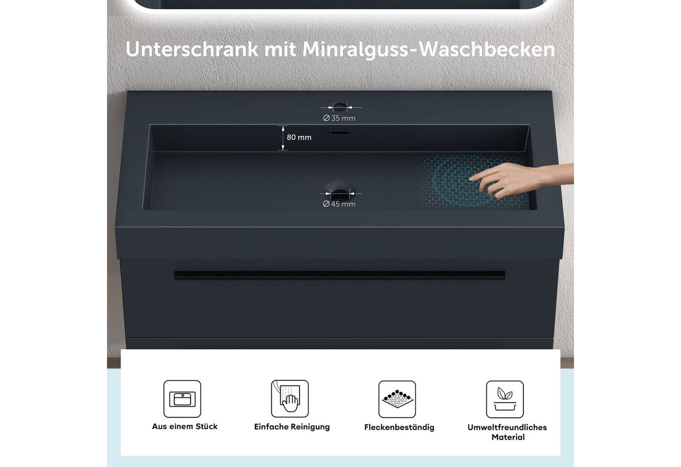 doporro Badmöbel-Set Waschtisch mit Unterschrank Soft-Close mit 2 Schubladen Quadratto, Holzbeschichtung, Mineralguss-Waschbecken – Bild 4 von 5