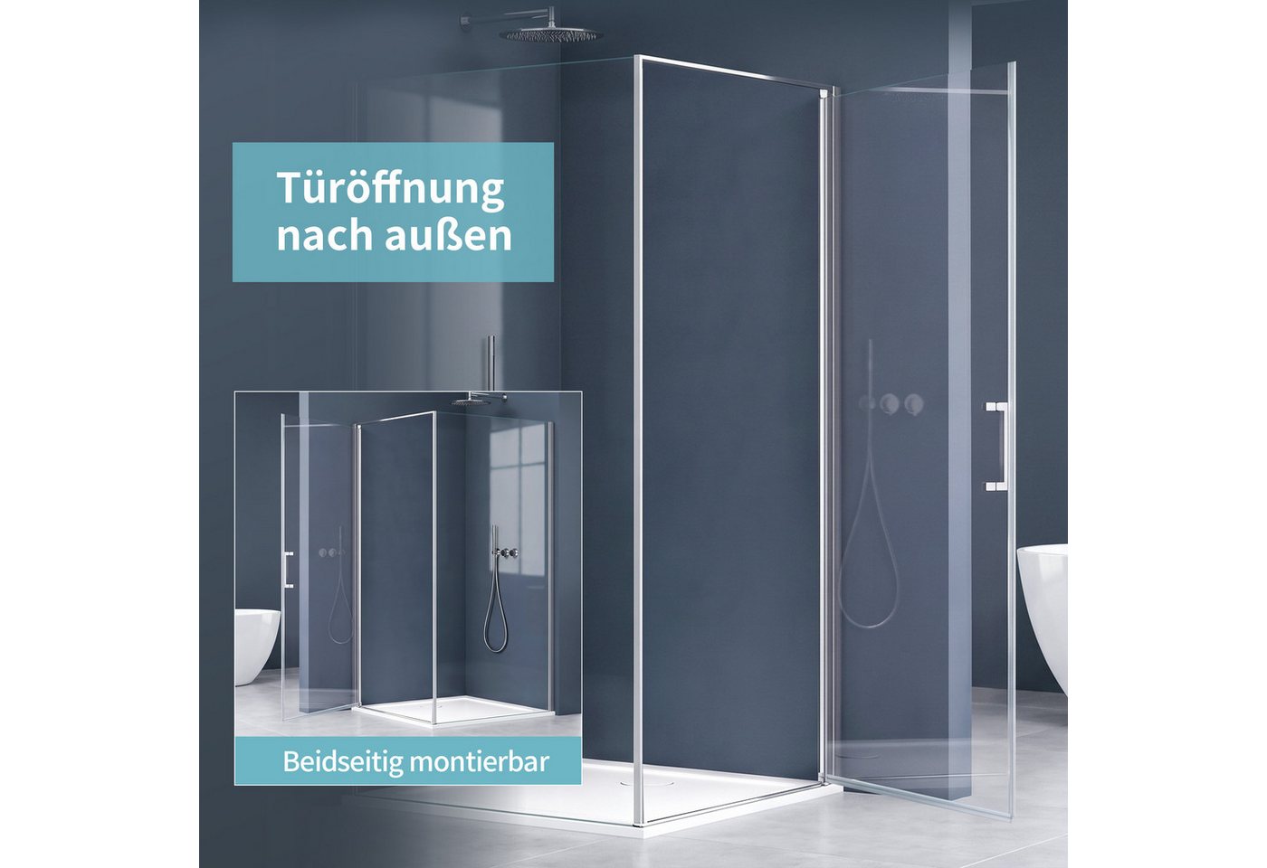 doporro Eckdusche Duschkabine 90x90cm ESG mit Nano-Beschichtung inkl. Duschtasse Rav36, BxT: 80x80 cm, Einscheibensicherheitsglas, Aluminium-Schwall-Leiste – Bild 2 von 5