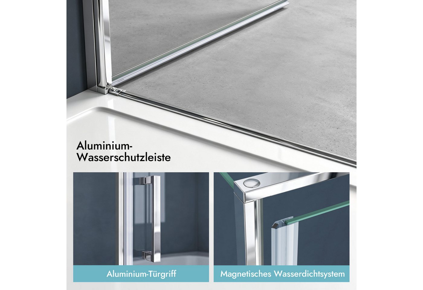 doporro Eckdusche Duschkabine 90x90cm ESG mit Nano-Beschichtung inkl. Duschtasse Rav36, BxT: 80x80 cm, Einscheibensicherheitsglas, Aluminium-Schwall-Leiste – Bild 3 von 5