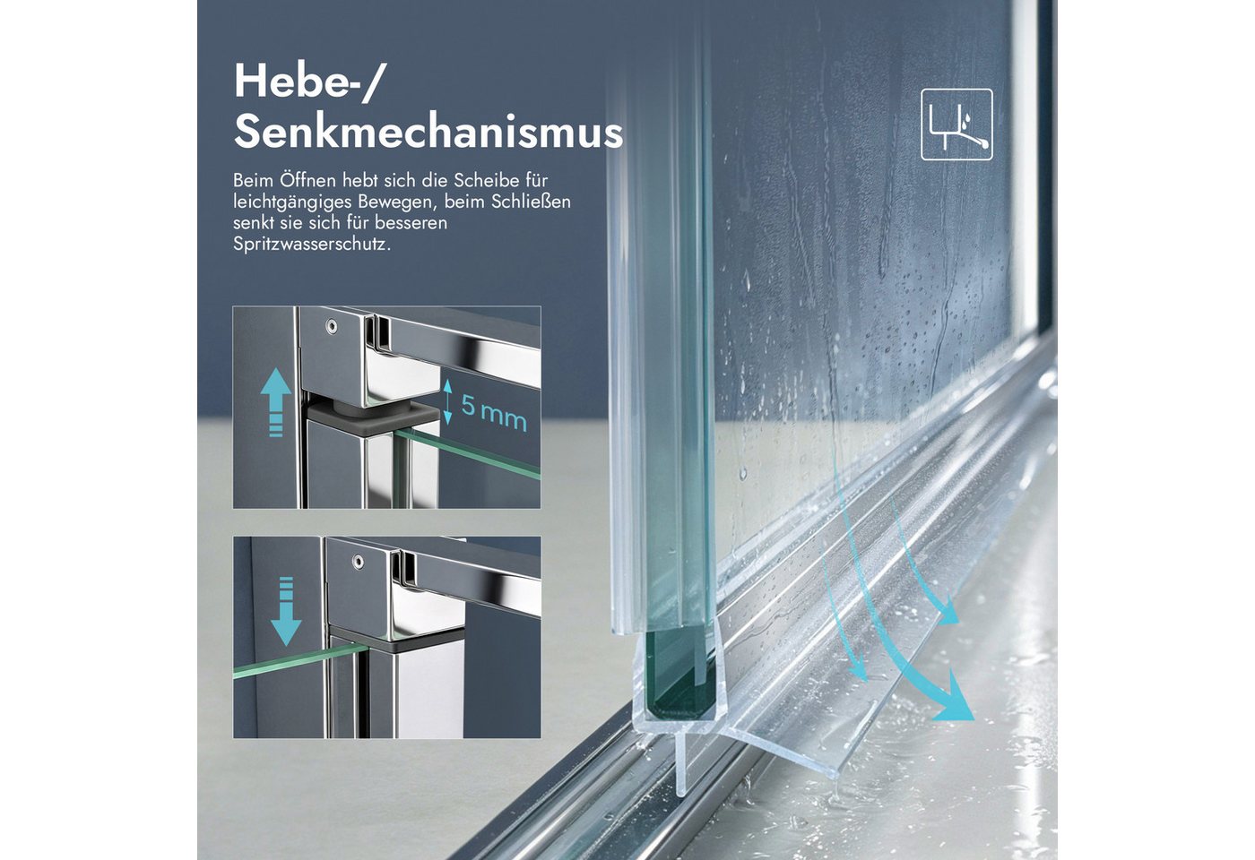 doporro Eckdusche Duschkabine 90x90cm Hebe und Senkmechanismus ESG mit Nano 195cm R36K, BxT: 75x75 cm, Einscheibensicherheitsglas, ebenerdiger Einbau möglich – Bild 5 von 5