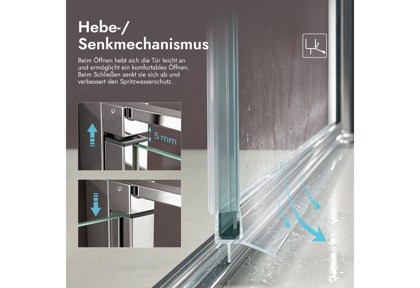 doporro Eckdusche Duschkabine 90x90cm Hebe und Senkmechanismus ESG mit Nano 195cm R36K, BxT: 80x80 cm, Einscheibensicherheitsglas, ebenerdiger Einbau möglich – Bild 5 von 5