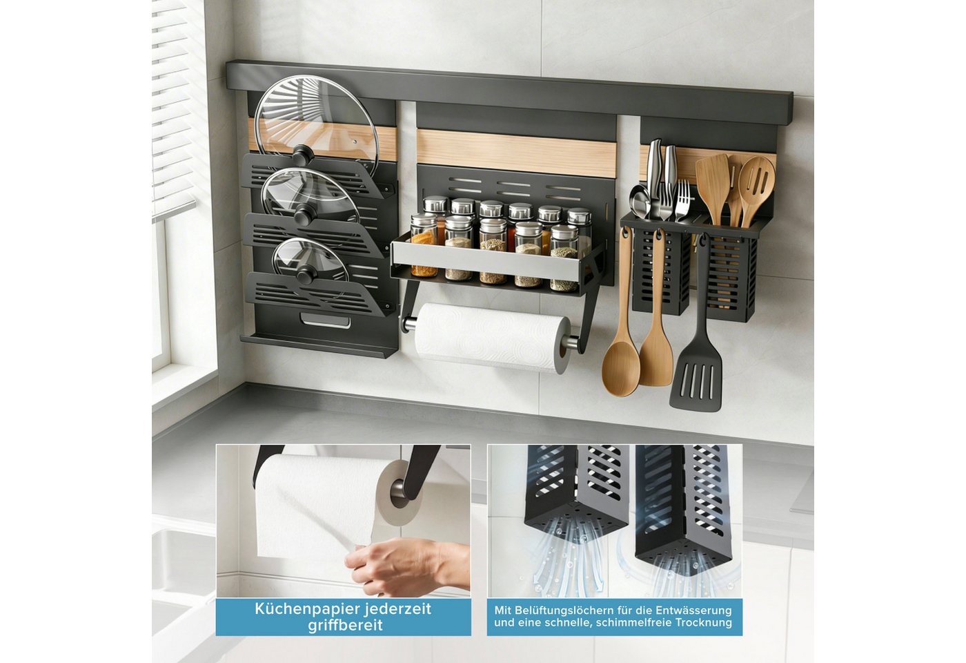 doporro Küchenregal Küchenorganizer-set Multifunktional aus Metall Wandmontage 52/82cm, 52-cm-Schiene trägt bis zu 10.5kg, 82-cm-Schiene trägt bis zu 15kg – Bild 3 von 5