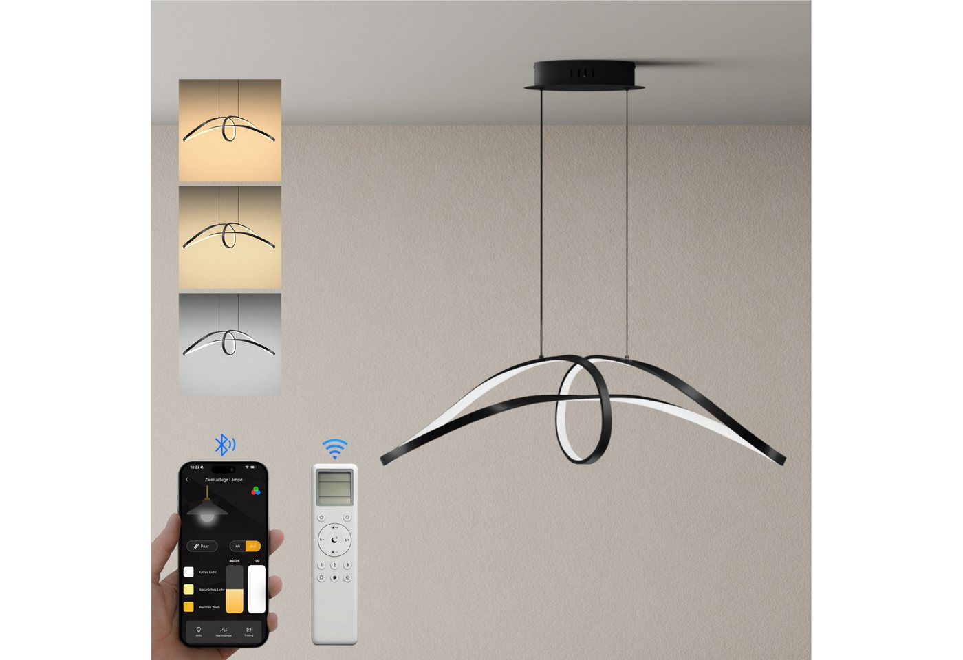 doporro LED Pendelleuchte Hängeleuchte dimmbar Höhenverstellbar 30W 3 Steuerungsmoid Luvina11, LED fest integriert, 3-fach-Steuerung – Bild 2 von 5