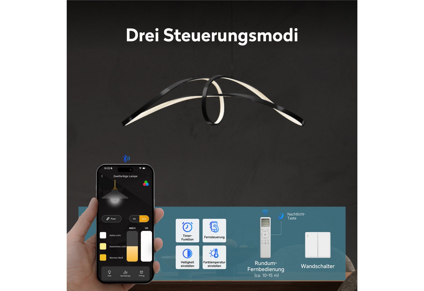 doporro LED Pendelleuchte Hängeleuchte dimmbar Höhenverstellbar 30W 3 Steuerungsmoid Luvina11, LED fest integriert, 3-fach-Steuerung – Bild 4 von 5