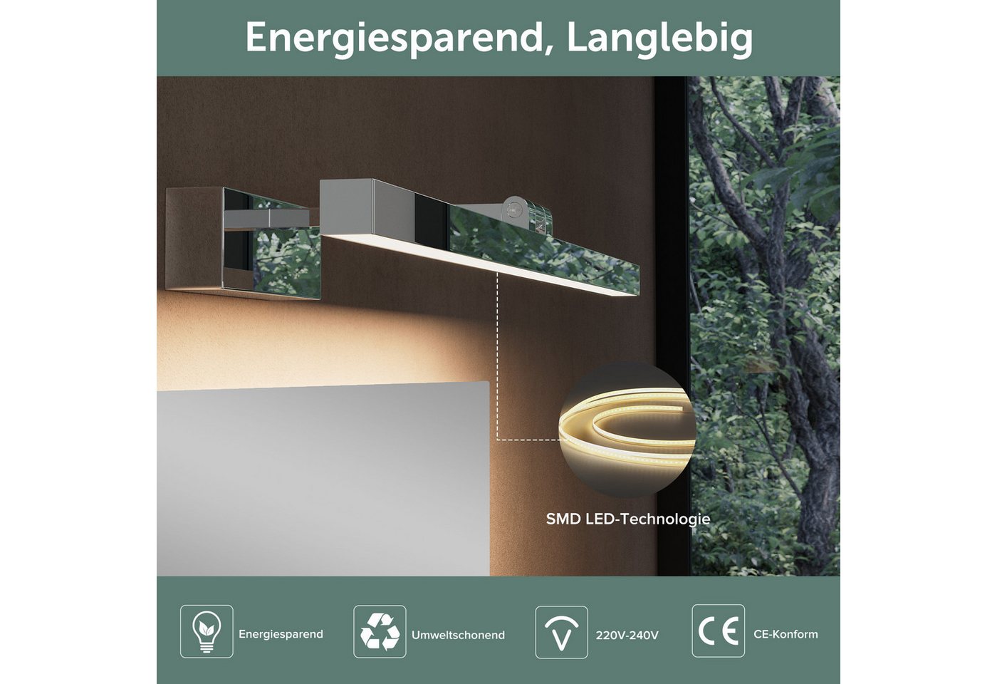 doporro LED Spiegelleuchte Wandleuchte LED-Spiegellampe 40/60cm 9W/14W RA≥80 Strahlenschön, 180° drehbar, E27-Sockel, wasserfest – Bild 3 von 5