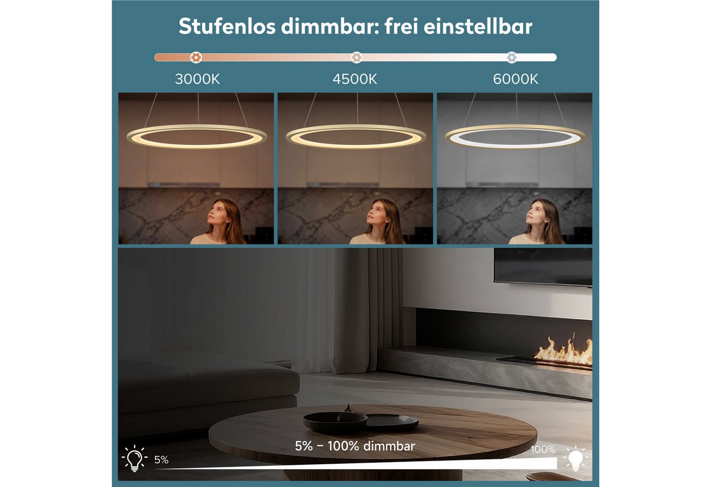 doporro Pendelleuchte Pendellampe Hängeleuchte höhenverstellbar stufenlos dimmbar Luvina01, Farbtemperatur von 3000–6000K einstellbar, LED-Pendellampe – Bild 3 von 5