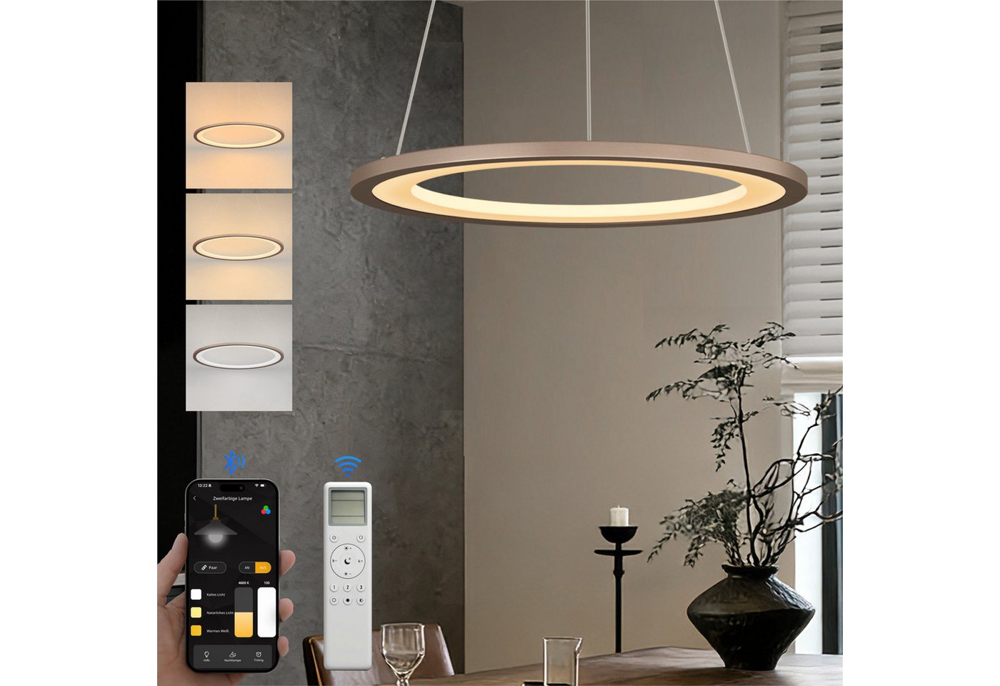 doporro Pendelleuchte Pendellampe Hängeleuchte höhenverstellbar stufenlos dimmbar Luvina01, Farbtemperatur von 3000–6000K einstellbar, LED-Pendellampe – Bild 2 von 5
