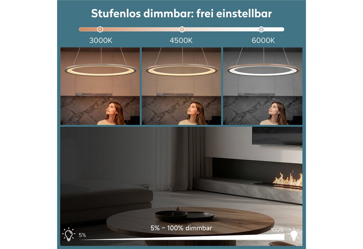 doporro Pendelleuchte Pendellampe Hängeleuchte höhenverstellbar stufenlos dimmbar Luvina01, Farbtemperatur von 3000–6000K einstellbar, LED-Pendellampe – Bild 3 von 5