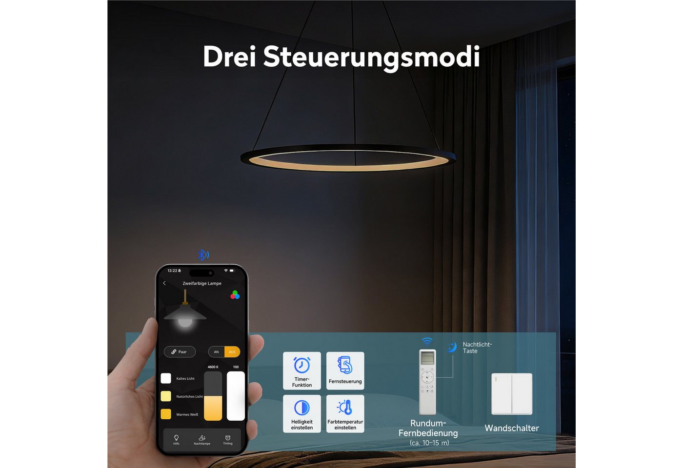 doporro Pendelleuchte Pendellampe Hängeleuchte höhenverstellbar stufenlos dimmbar Luvina01, Farbtemperatur von 3000–6000K einstellbar, LED-Pendellampe – Bild 4 von 5