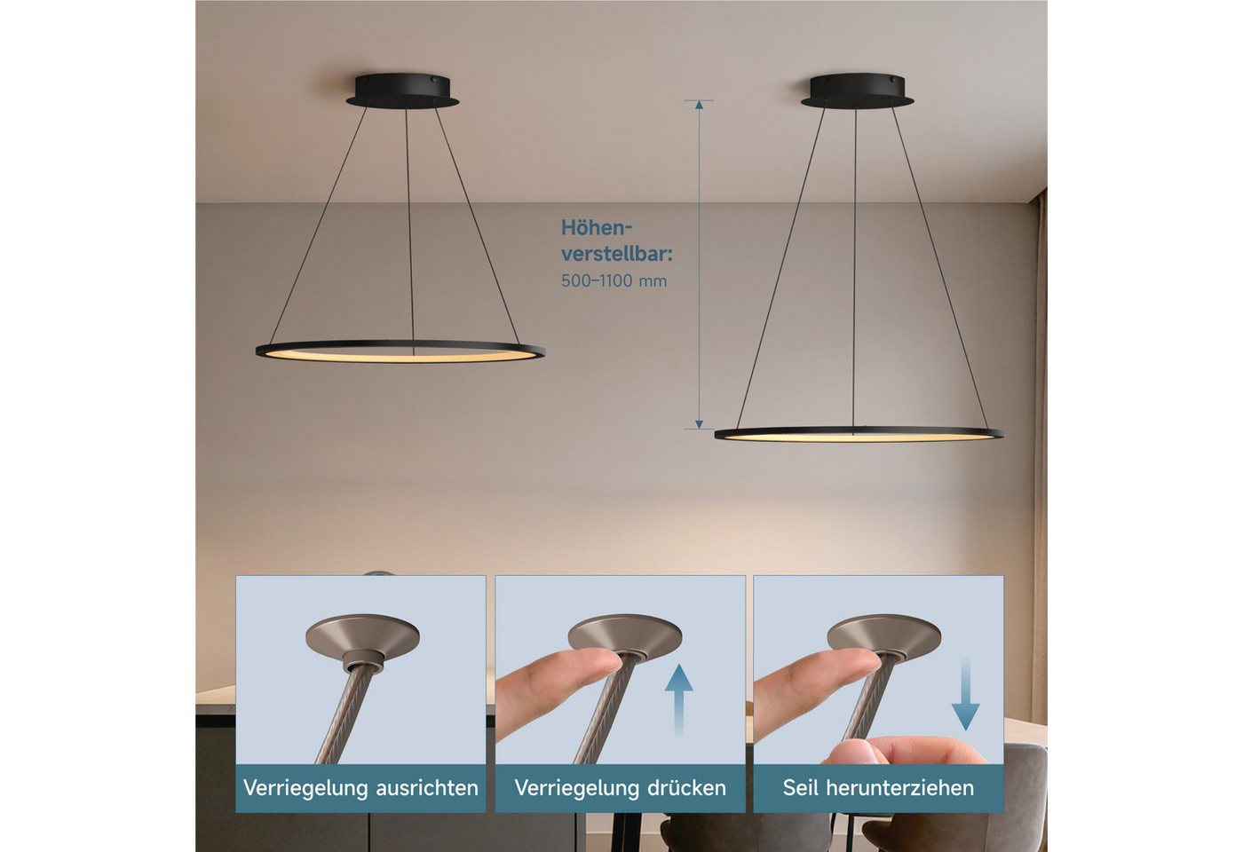 doporro Pendelleuchte Pendellampe Hängeleuchte höhenverstellbar stufenlos dimmbar Luvina01, Farbtemperatur von 3000–6000K einstellbar, LED-Pendellampe – Bild 5 von 5