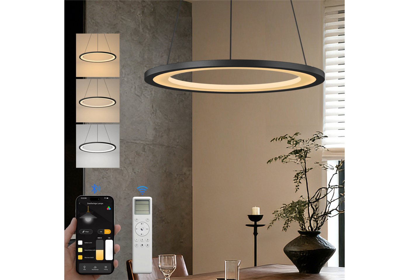 doporro Pendelleuchte Pendellampe Hängeleuchte höhenverstellbar stufenlos dimmbar Luvina01, Farbtemperatur von 3000–6000K einstellbar, LED-Pendellampe – Bild 2 von 5