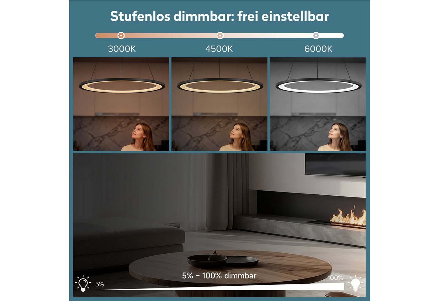 doporro Pendelleuchte Pendellampe Hängeleuchte höhenverstellbar stufenlos dimmbar Luvina01, Farbtemperatur von 3000–6000K einstellbar, LED-Pendellampe – Bild 3 von 5