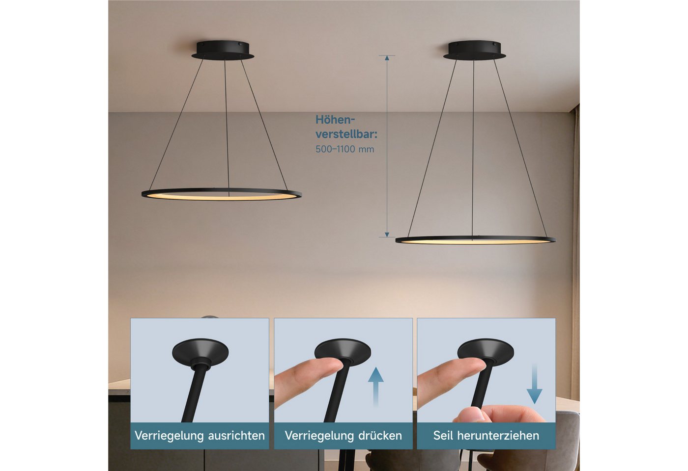 doporro Pendelleuchte Pendellampe Hängeleuchte höhenverstellbar stufenlos dimmbar Luvina01, Farbtemperatur von 3000–6000K einstellbar, LED-Pendellampe – Bild 5 von 5