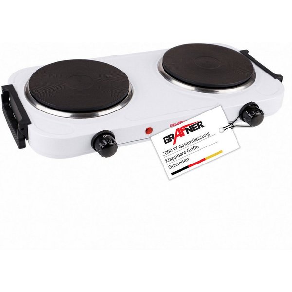 Grafner Doppelkochplatte Grafner® 2000 Watt mit klappbaren Griffen Weiß, Mobile Herdplatte, Überhitzungsschutz, 2000 Watt