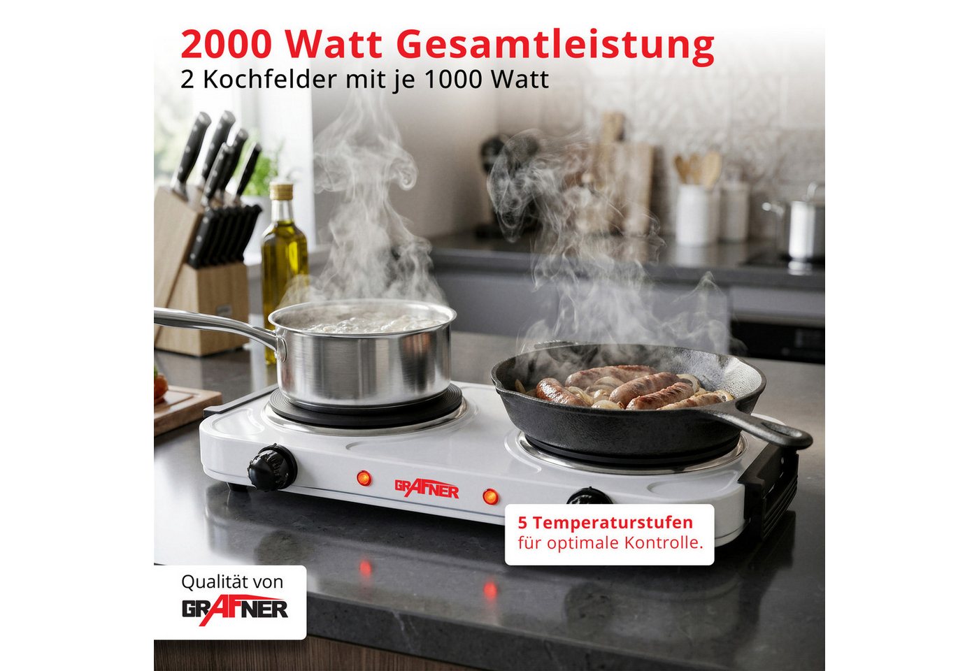 Grafner Doppelkochplatte Grafner® 2000 Watt mit klappbaren Griffen Weiß, Mobile Herdplatte, Überhitzungsschutz, 2000 Watt – Bild 3 von 5