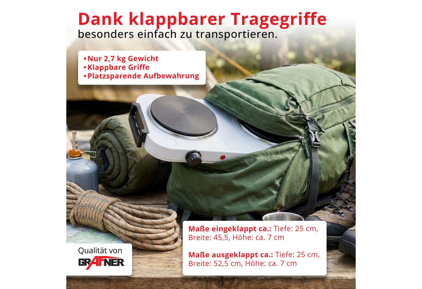 Grafner Doppelkochplatte Grafner® 2000 Watt mit klappbaren Griffen Weiß, Mobile Herdplatte, Überhitzungsschutz, 2000 Watt – Bild 4 von 5
