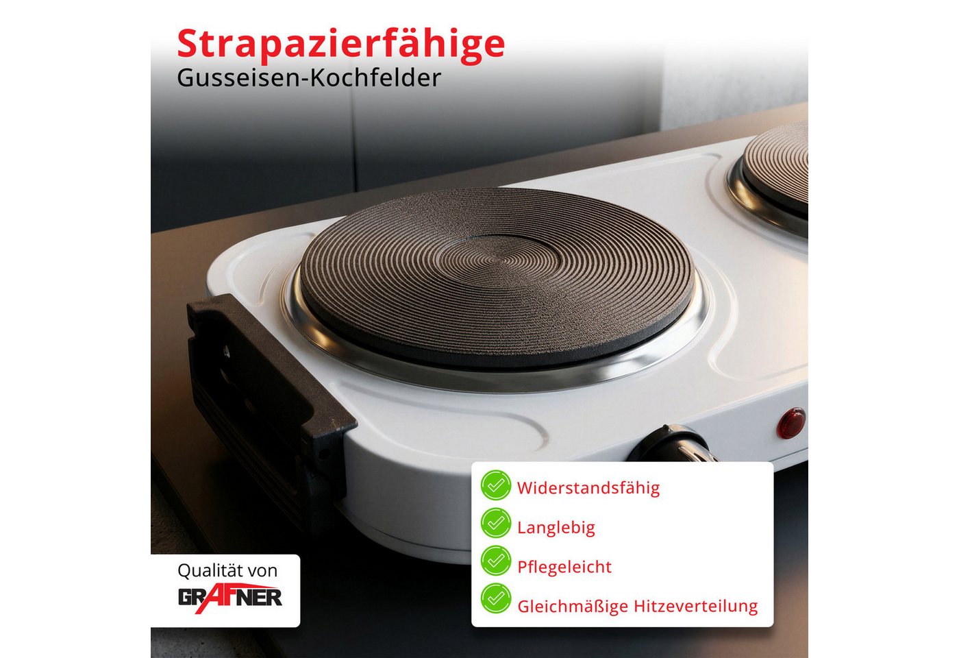 Grafner Doppelkochplatte Grafner® 2000 Watt mit klappbaren Griffen Weiß, Mobile Herdplatte, Überhitzungsschutz, 2000 Watt – Bild 5 von 5
