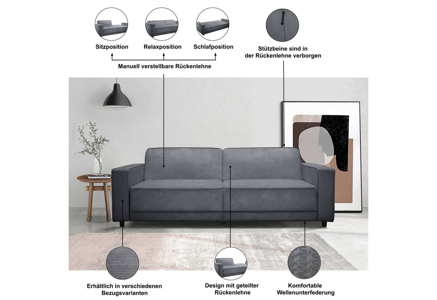 Dorel Home 3-Sitzer ALLIE Schlafsofa 225 cm, Bett-Funktion (108/190cm), trendiger Cord o. pflegeleichter Velours – Bild 3 von 5